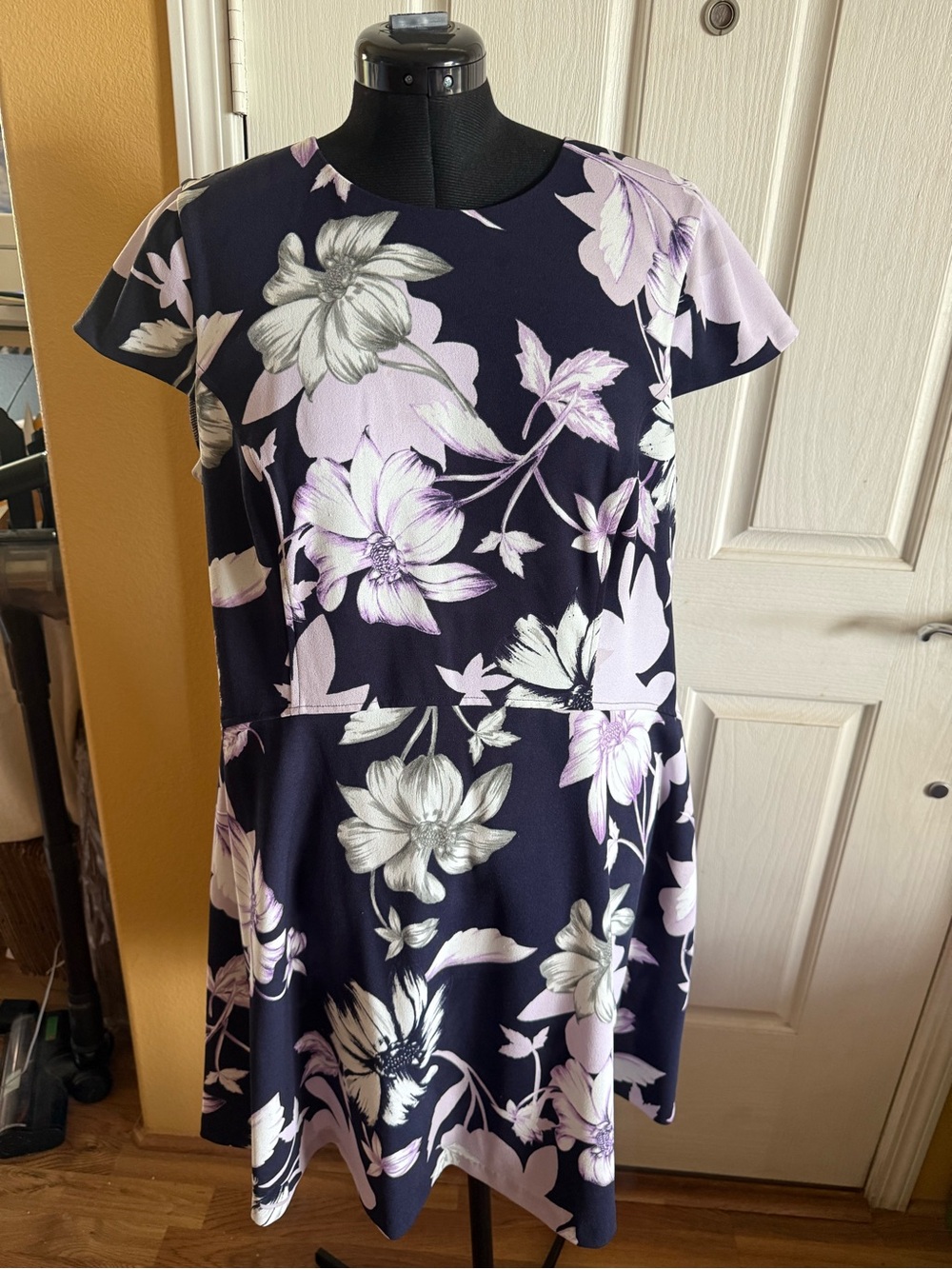 Vince Camuto Navy Midi Dress with Lilac and White Floral Print